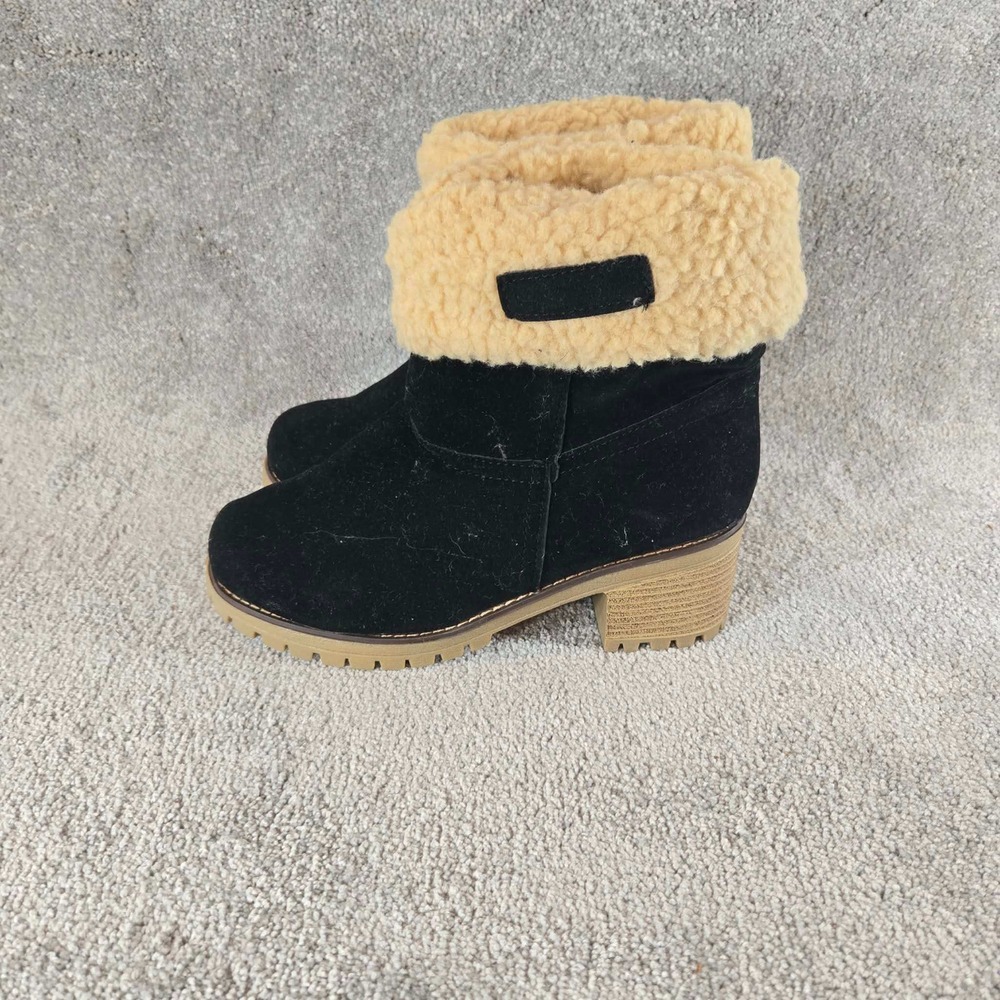 Shearling Trim Ankle Boots Black Faux Suede Block Heel Womens Size 8